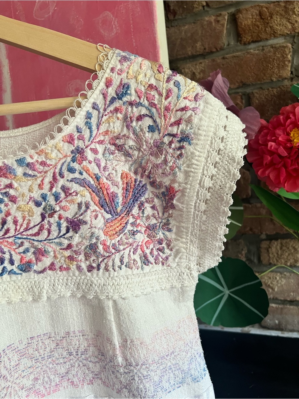 White Embroidered Boho handmade folk art Dress— Multicolor Floral Stitching